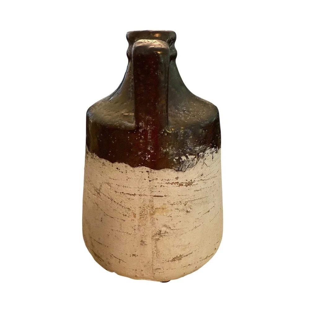 Rustic Farmhouse Ceramic Stoneware Jug Distressed White Bronze Brown 7.75‎ Inch